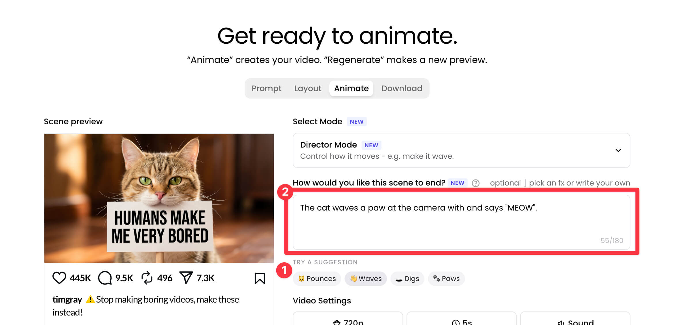 Director Mode prompt rewritten as an action-led custom ending, with one-tap suggestion pills below