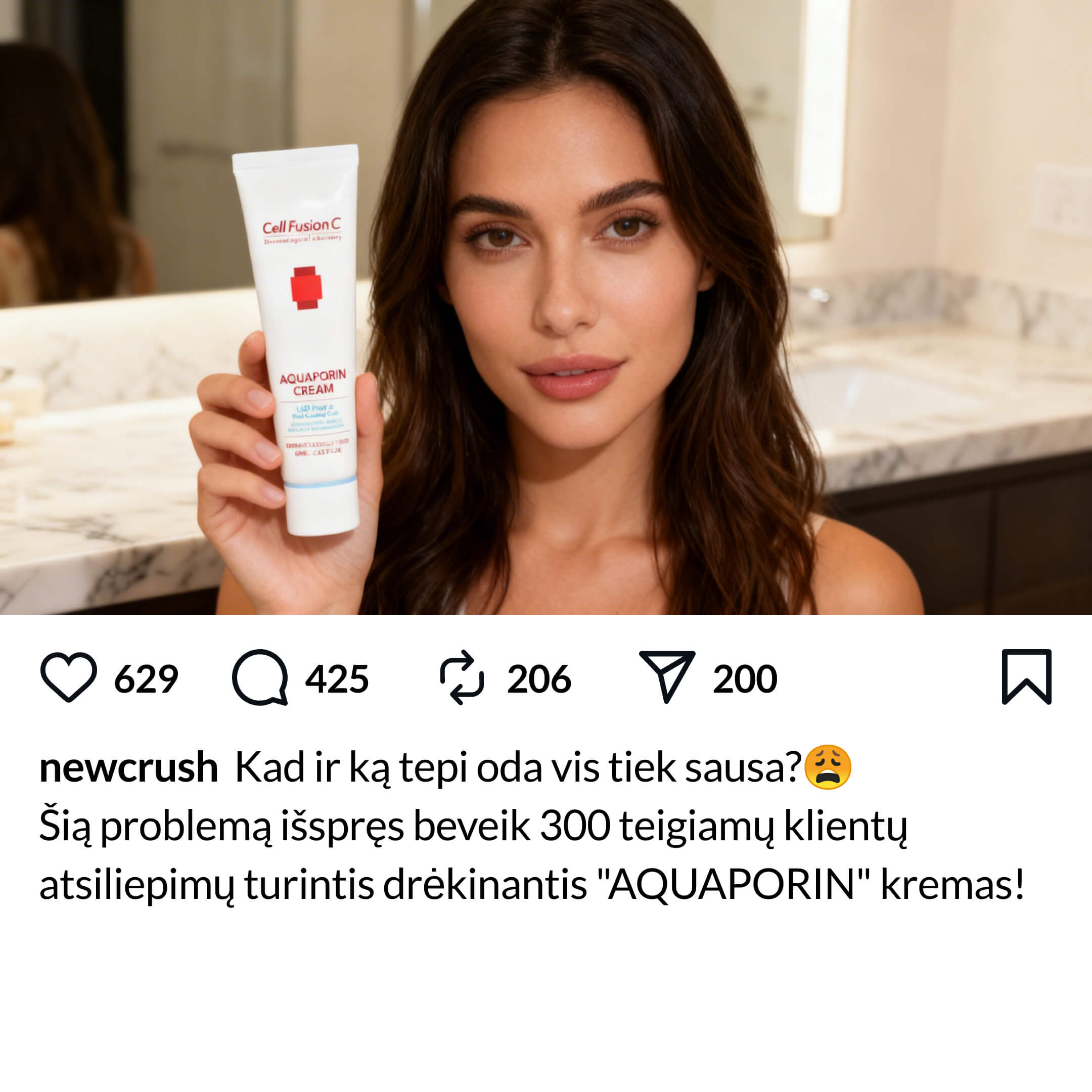 Woman holding product up near face